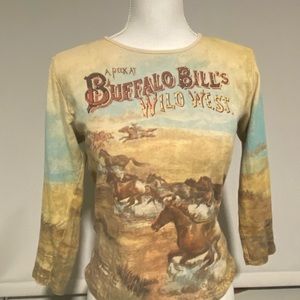 •Skinny Minnie Buffalo Bill's Wild West Graphic Tee Shirt 3/4th Sleeve Top•